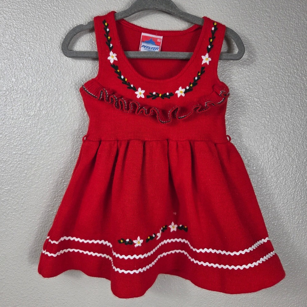 Vintage Pfister Red Knit Girls Dress Size 80 12-18M Embroidered Floral